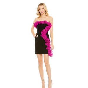NWT Ieena Mac Duggal 49642 Strapless Black and Pink Ruffle Mini Dress Size 10